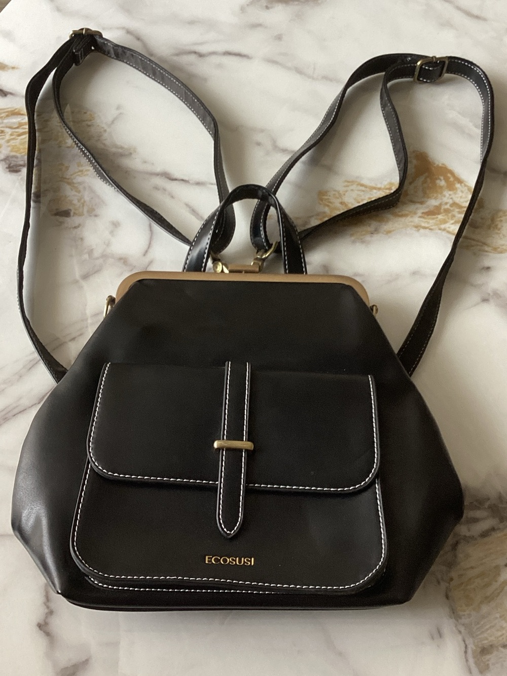 Black Leather-Style Structured Backpack